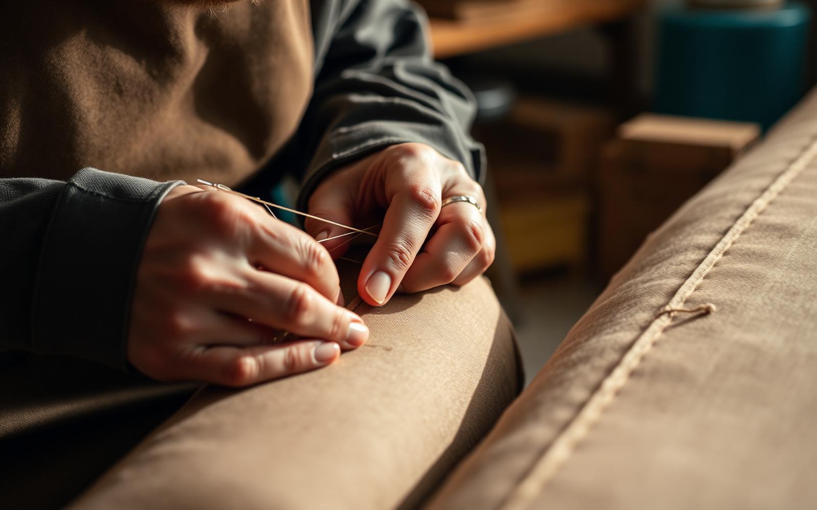 Mani di artigiano che eseguono una riparazione sartoriale su un divano